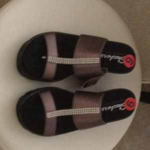 Bronze sandals with rhinestone trim